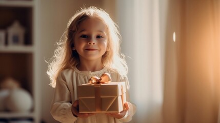 Young Girl Holding Golden Gift Box in Front of Window

