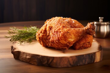 Tasty fried chicken on a wooden board against a whitewashed wood background