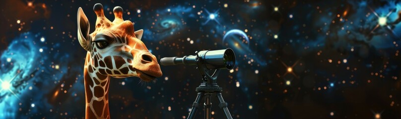 Giraffe with telescope gazing at the stars, an imaginative take on curiosity and the quest for knowledge
 - obrazy, fototapety, plakaty