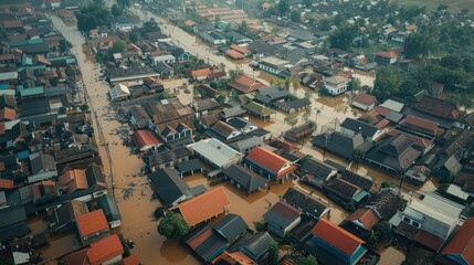 Obraz premium Aerial view of a village submerged in water, suitable for environmental and disaster-related projects