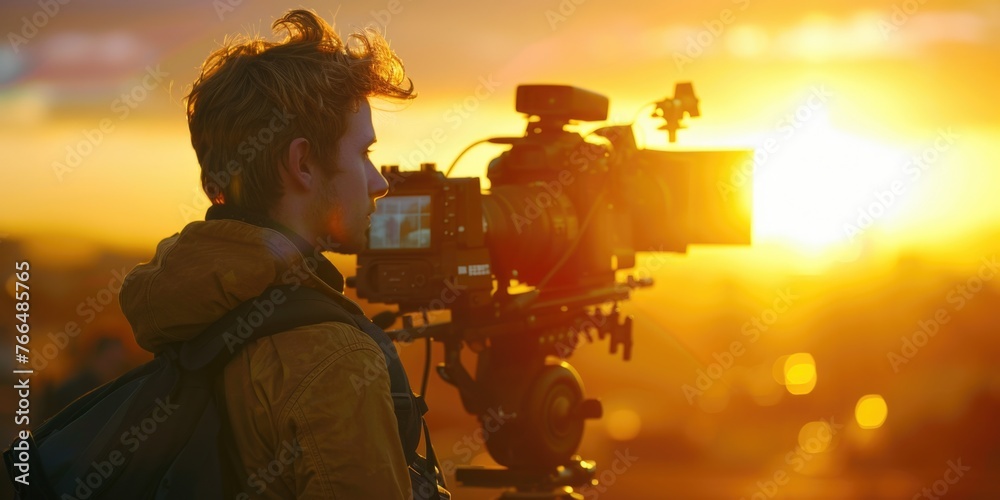Poster a person standing with a camera on a tripod. suitable for photography themes