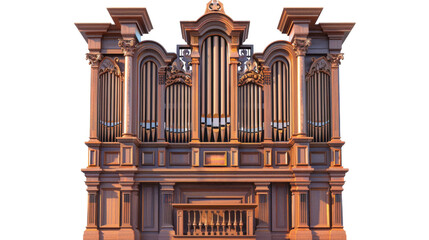 A grand pipe organ is showcased in the center of a spacious building, commanding attention with its...