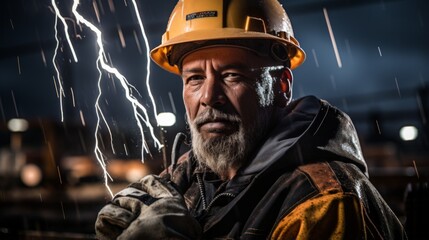 Portrait of a male construction worker wearing a hard hat and safety vest, standing in front of an industrial background with lightning in the distance - obrazy, fototapety, plakaty