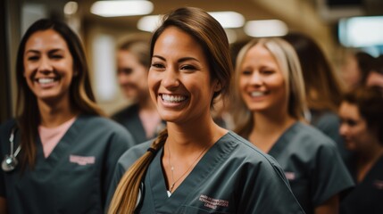 Fototapeta premium Happy multiracial group of female nurses and doctors in scrubs