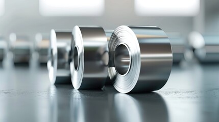 Group of aluminum rolls on a table, suitable for industrial concepts