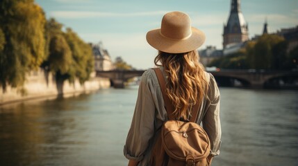 Young woman standing by the river Seine in Paris, France