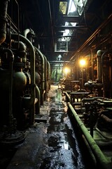 A dark and eerie factory building with pipes and machinery - obrazy, fototapety, plakaty
