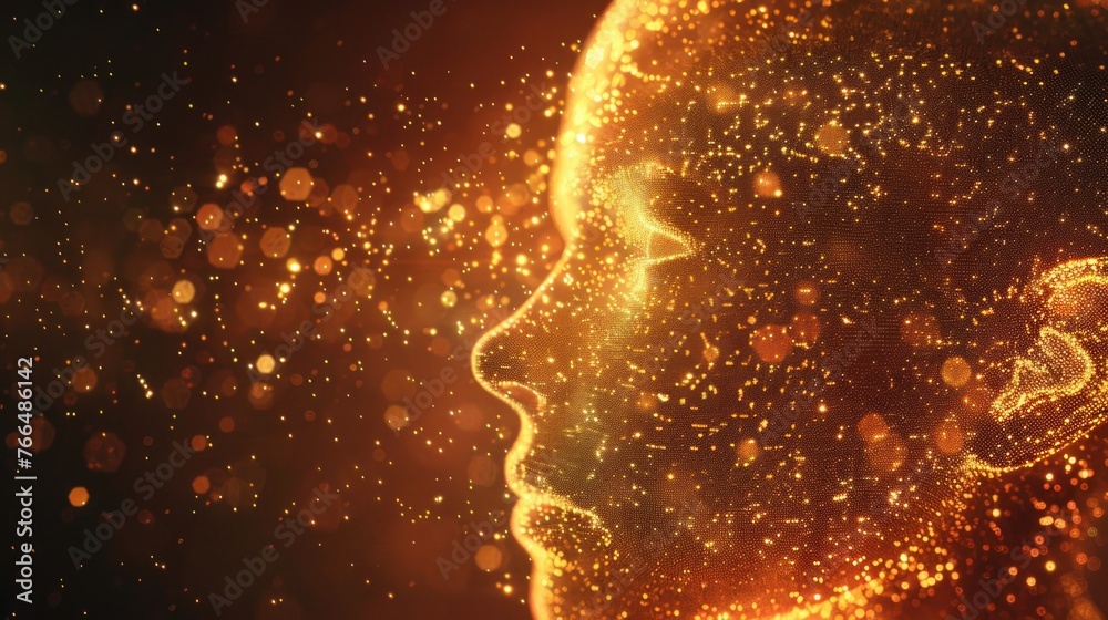 Poster close up of a person's face with gold lights in the background. suitable for various design projects