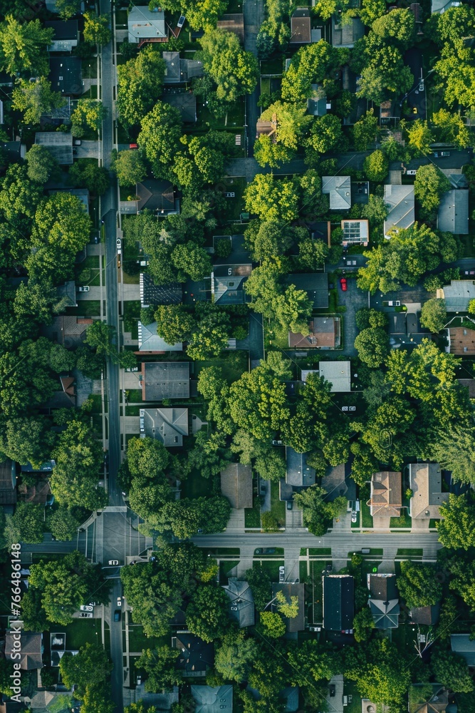 Poster aerial view of a neighborhood with abundant trees. ideal for real estate or environmental concepts