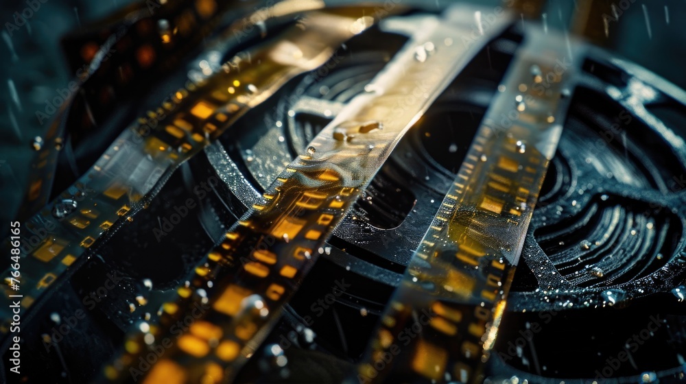 Poster close up of a metal object with raindrops on it. perfect for industrial or weather-related concepts