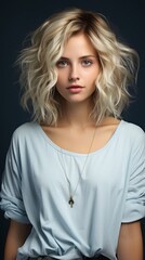 Naklejka premium A beautiful blonde woman with blue eyes is looking at the camera