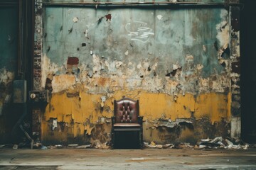 weathered wall with a vintage chair in front of it