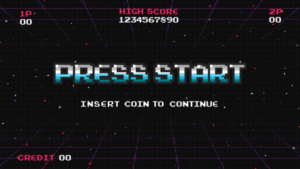Press start on Pixel art background.8 bit game.retro game. for game assets in vector illustrations.Retro Futurism Sci-Fi Background. glowing neon grid.and stars from vintage arcade comp	