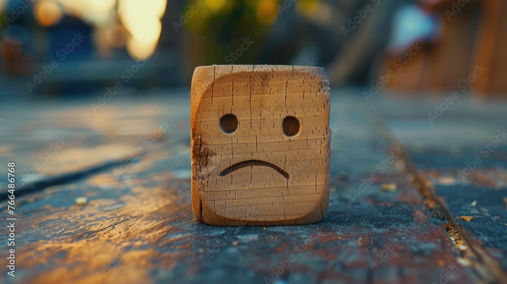 Aufkleber a wooden block with a sad face drawn on it. suitable for various emotional concepts