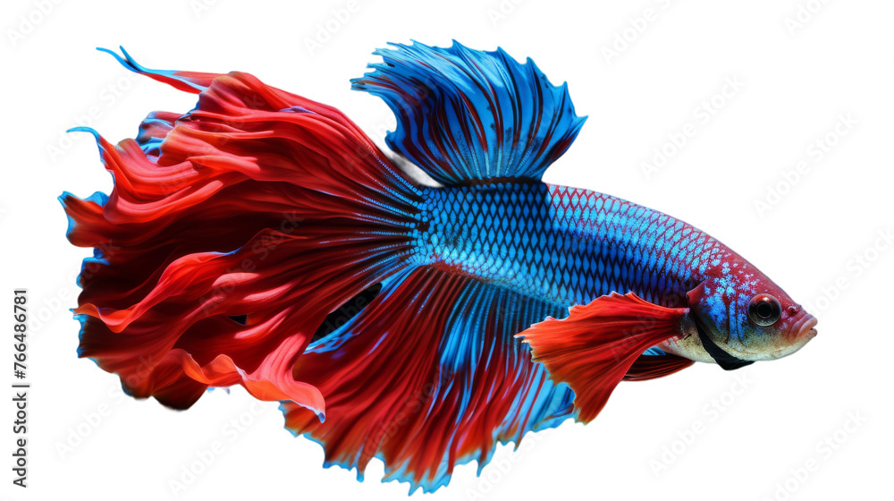 Wall mural A colorful red and blue fish swimming gracefully against a stark white background