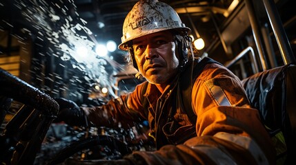 Portrait of a male worker wearing a hard hat and protective gear in an industrial setting