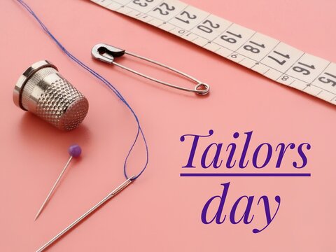 Tailors day Pink background with sewing tools