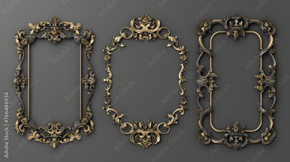 Poster Elegant set of three ornate gold frames on a neutral gray background. Perfect for adding a touch of luxury to any design project
