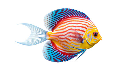A vibrant blue and yellow fish peacefully swimming against a serene white background