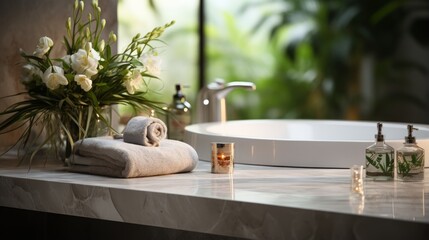 Bathroom interior with flowers and candle on marble counter