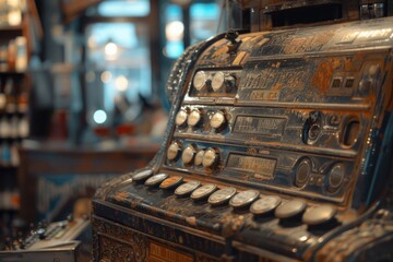 An old-fashioned cash register in a store, perfect for retail concepts
