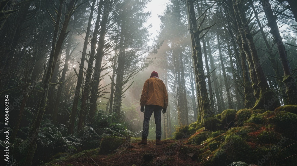 Poster A person standing in the middle of a forest. Suitable for nature and solitude concepts