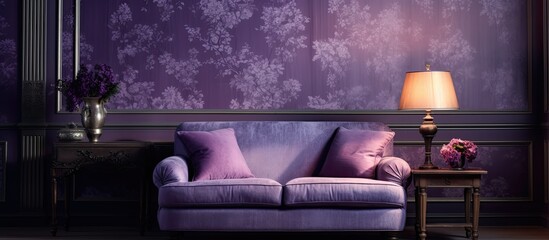 An interior design featuring a living room with purple walls, flooring, and a violet couch. The furniture is complemented by the lighting in the building
