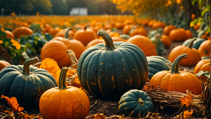 many ripe pumpkins in nature, rustic  harvest