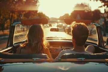 A couple sitting in the back of a convertible car. Ideal for travel and leisure concepts