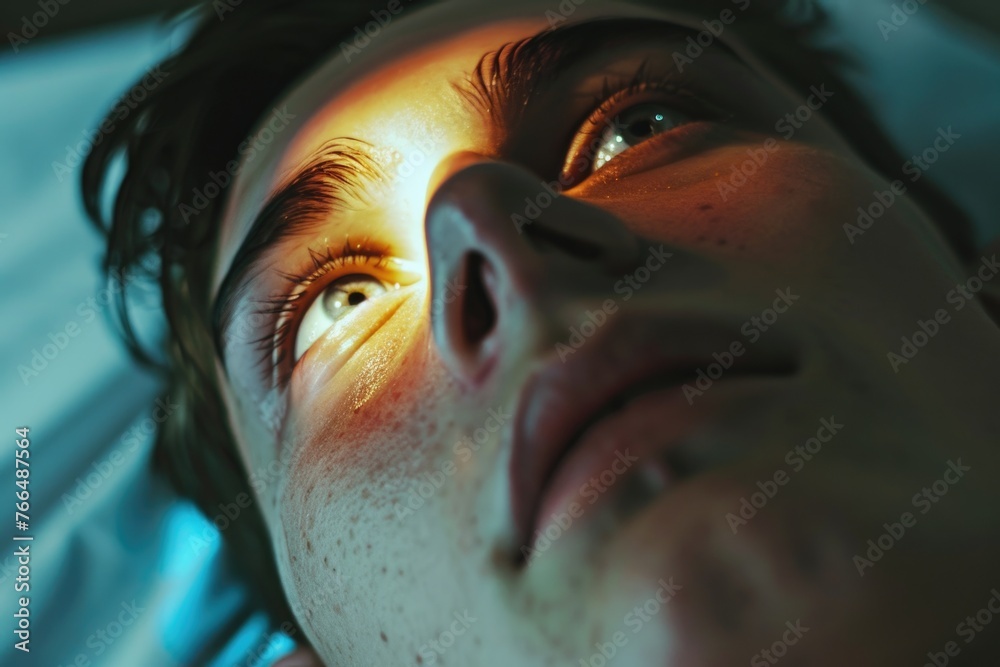 Poster Close up of a person's face with a light shining on them. Suitable for various concepts and designs