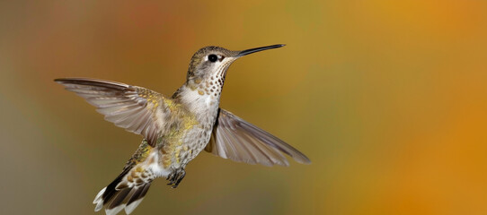 A hummingbird is flying in the air. The bird is brown and white in color. The image has a peaceful and serene mood. a stunning portrait of a hummingbird in mid flight, shimmering colours - Powered by Adobe