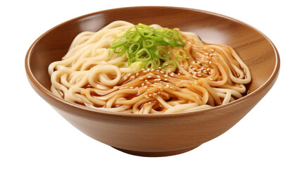 A beautifully crafted wooden bowl overflowing with savory noodles and colorful assorted vegetables