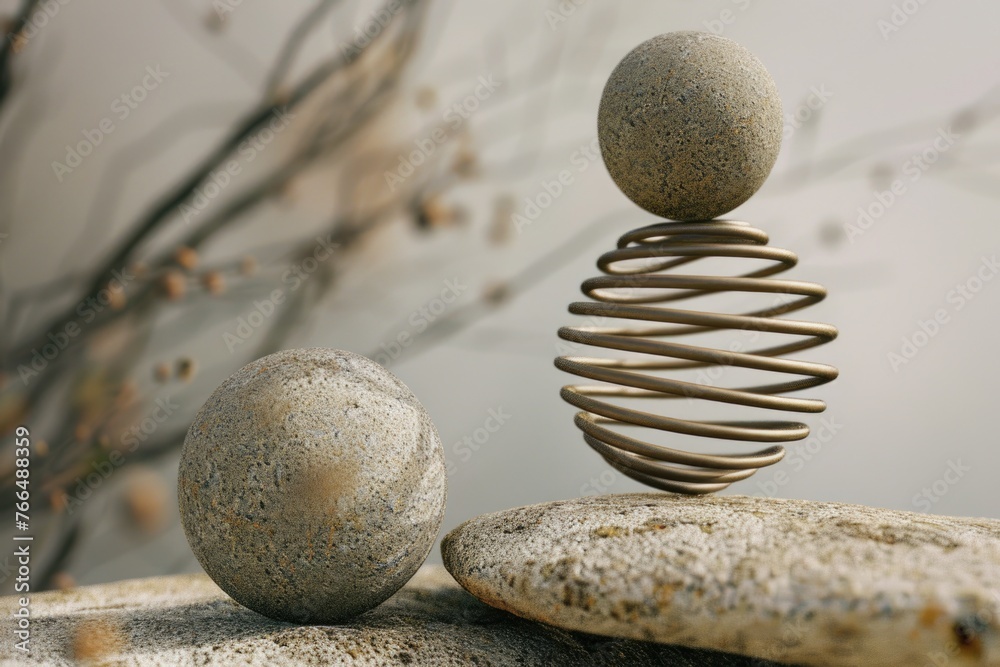 Poster unique rock sculpture with ball balanced on spiral. suitable for concepts of balance and harmony