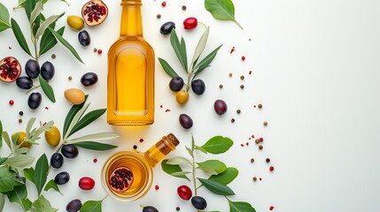 Olive oil and spices on white background - obrazy, fototapety, plakaty