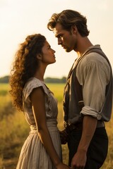 A man and a woman standing in a field, looking at each other with love in their eyes