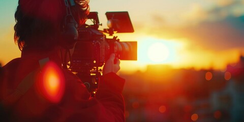 A person holding a camera in front of a beautiful sunset. Ideal for travel blogs and photography websites