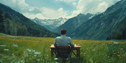 A man enjoying nature at a table in a field. Perfect for outdoor lifestyle concepts