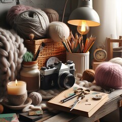 Creative Nook with Vintage Camera and Cozy Knits.