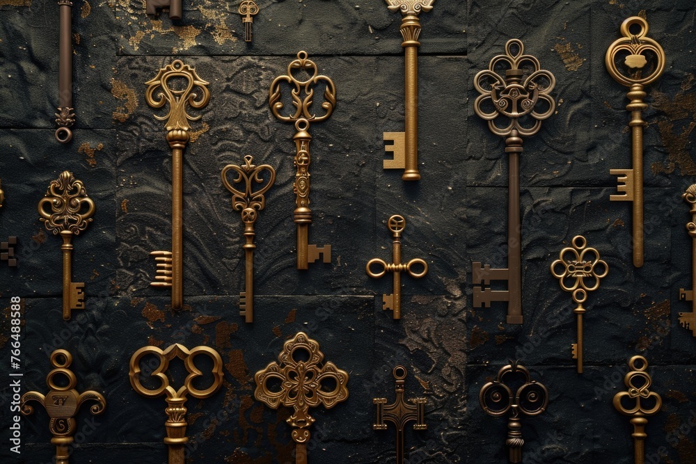 Leinwandbilder a bunch of gold keys on a black surface. perfect for security or access concepts