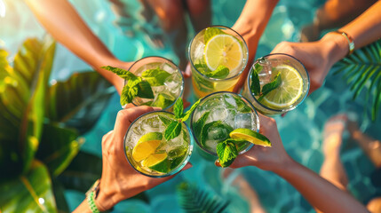 Four people are holding up glasses of drinks with limes and mint - 766488532