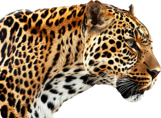 Intense gaze of a leopard in profile, cut out transparent