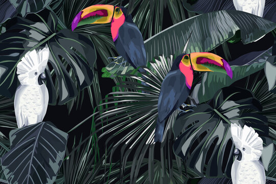 Summer seamless pattern with tropical palm leaves and wild birds, parrot, toucan. Jungle fashion print. Hawaiian background. Vector illustration