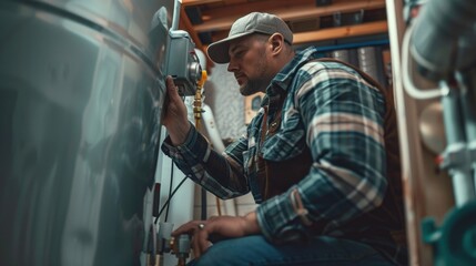 A man fixing a water heater, useful for plumbing services promotion - obrazy, fototapety, plakaty
