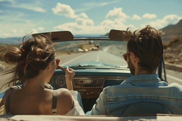 A man and a woman sitting in a convertible car. Perfect for travel and lifestyle concepts - obrazy, fototapety, plakaty