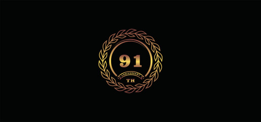 91st anniversary logo with ring and frame, gold color and black background - obrazy, fototapety, plakaty