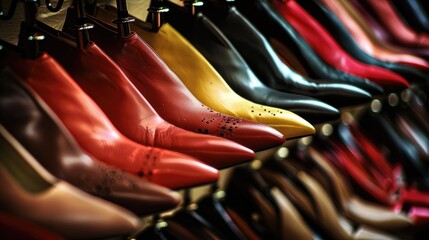 A Row Of Women\'s Shoes Lined Up Neatly On A Rack  Perfect For Showcasing Footwear Collections Wall Mural
