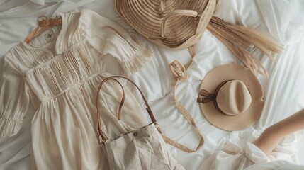 Woman laying on bed with hat and purse, ideal for lifestyle or fashion blogs