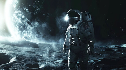 An astronaut in spacesuit stands on surface of Moon, in background rises Earth, illuminated by distant sun. Concept of exploring the galaxy - obrazy, fototapety, plakaty
