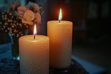 Two candles are burning on the table