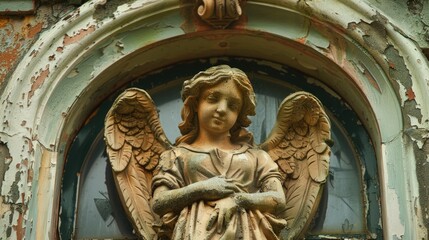 A majestic angel statue on a historic building. Perfect for architectural designs